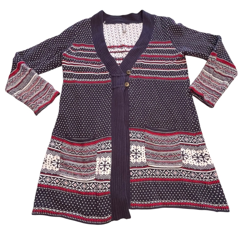Hanna Andersson Women's Navy Red Nordic Pattern Long Cardigan Size Large